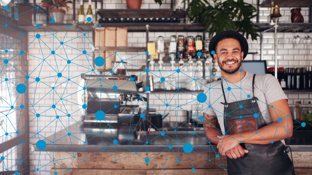 restaurant owner with connected AI graphic over the photo